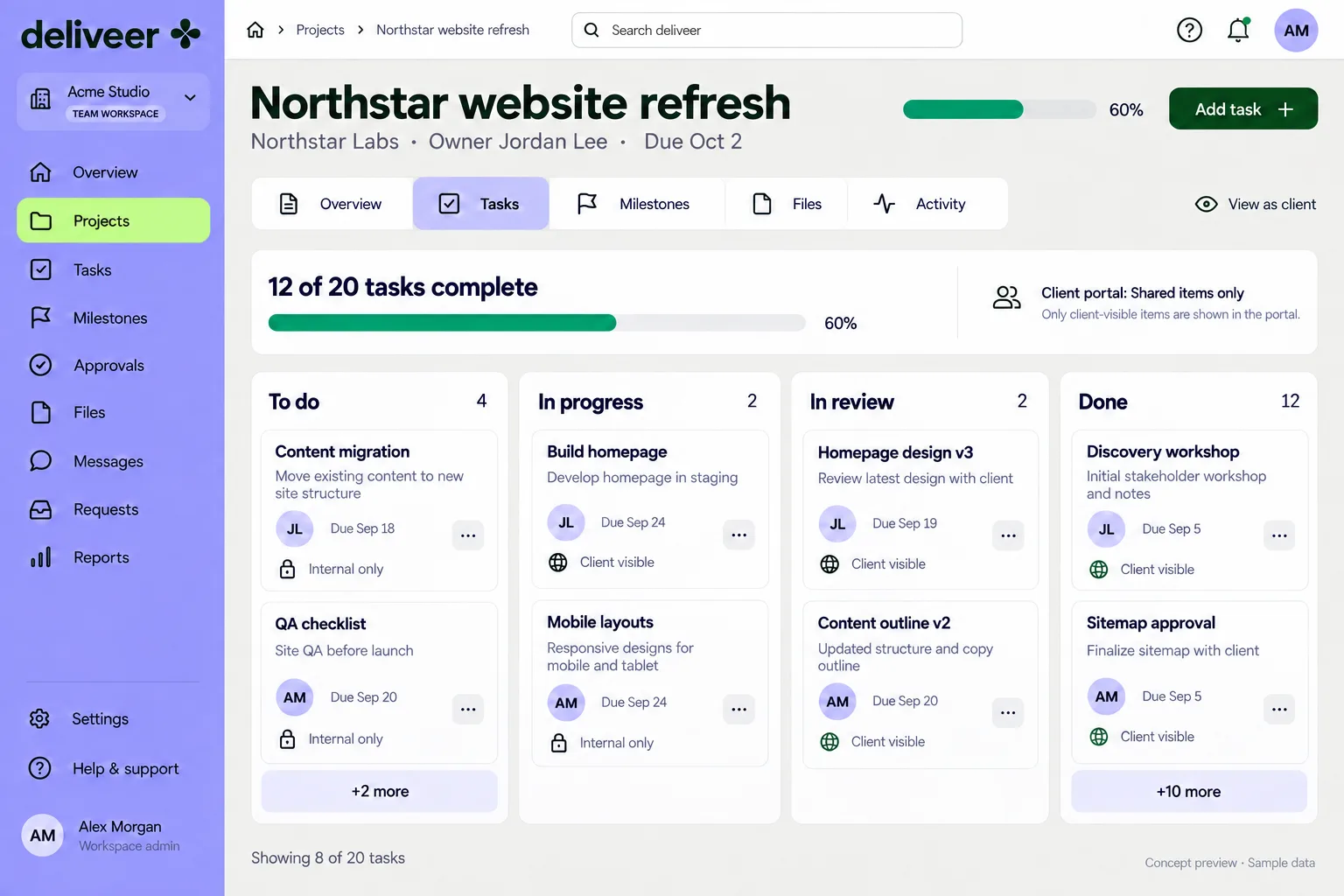 Project tasks and team workspace