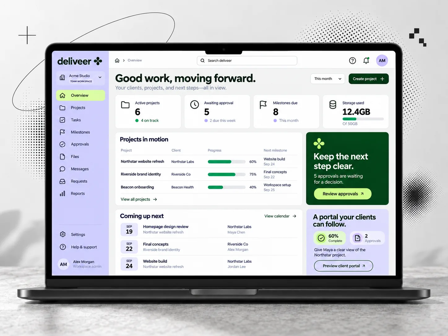 Deliveer — studio overview with active client projects