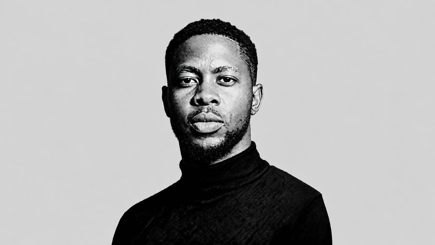 Black and white halftone portrait — Courtney Mlambo, centered on light grey