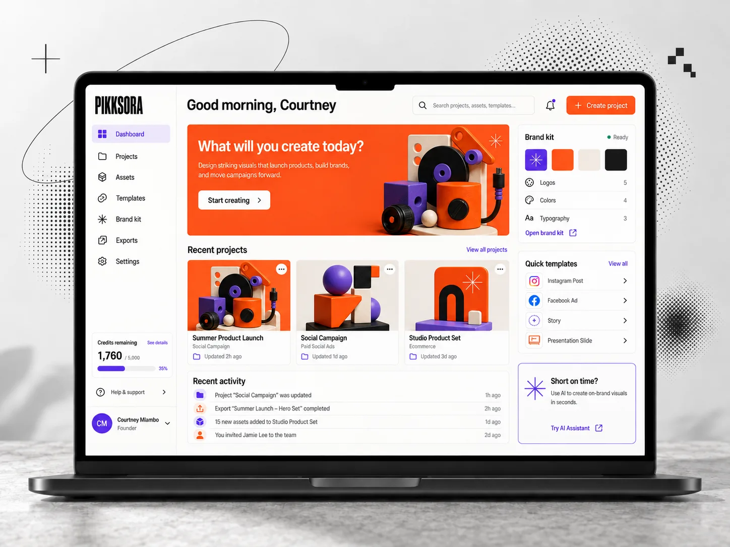 Pikksora — AI creation dashboard asking what you will create today