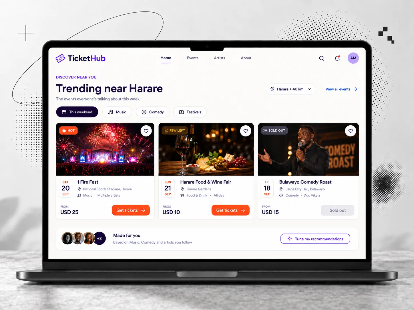 TicketHub — event discovery dashboard with After Hours hero